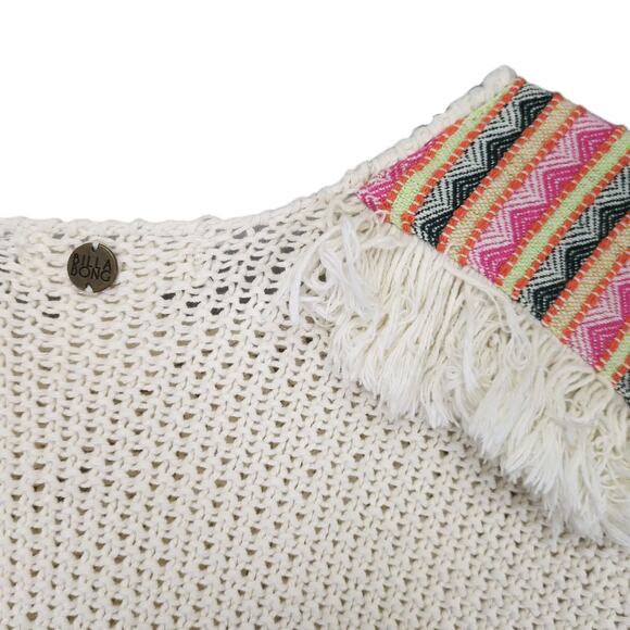 Billabong Sandy Kisses Women's M Boho Aztec Fringe Open Knit Crop Sweater, Beige - Picture 6 of 6